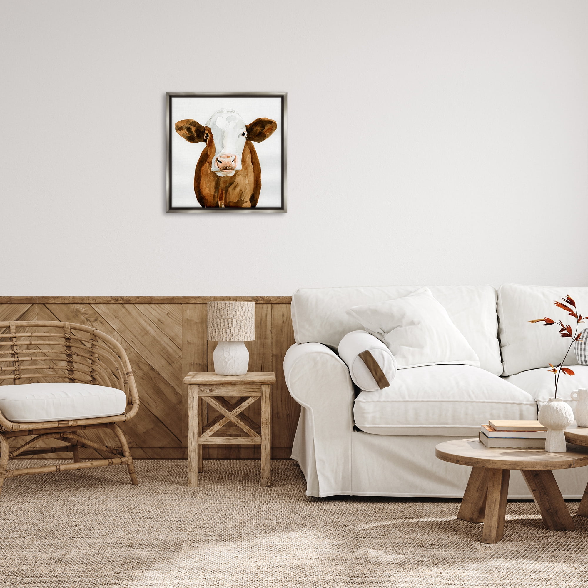 Stupell Industries Country Cow Minimal Portrait Animals & Insects Painting Gray Floater Framed Canvas Art Print Wall Art, 25 x 25