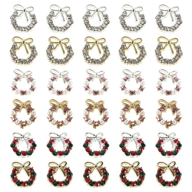 30 adornos navideños para uñas: guirnalda de lazos con diamantes de imitación para uñas, joyas decorativas para Navidad, bonitos lazos para manicura y festivales.