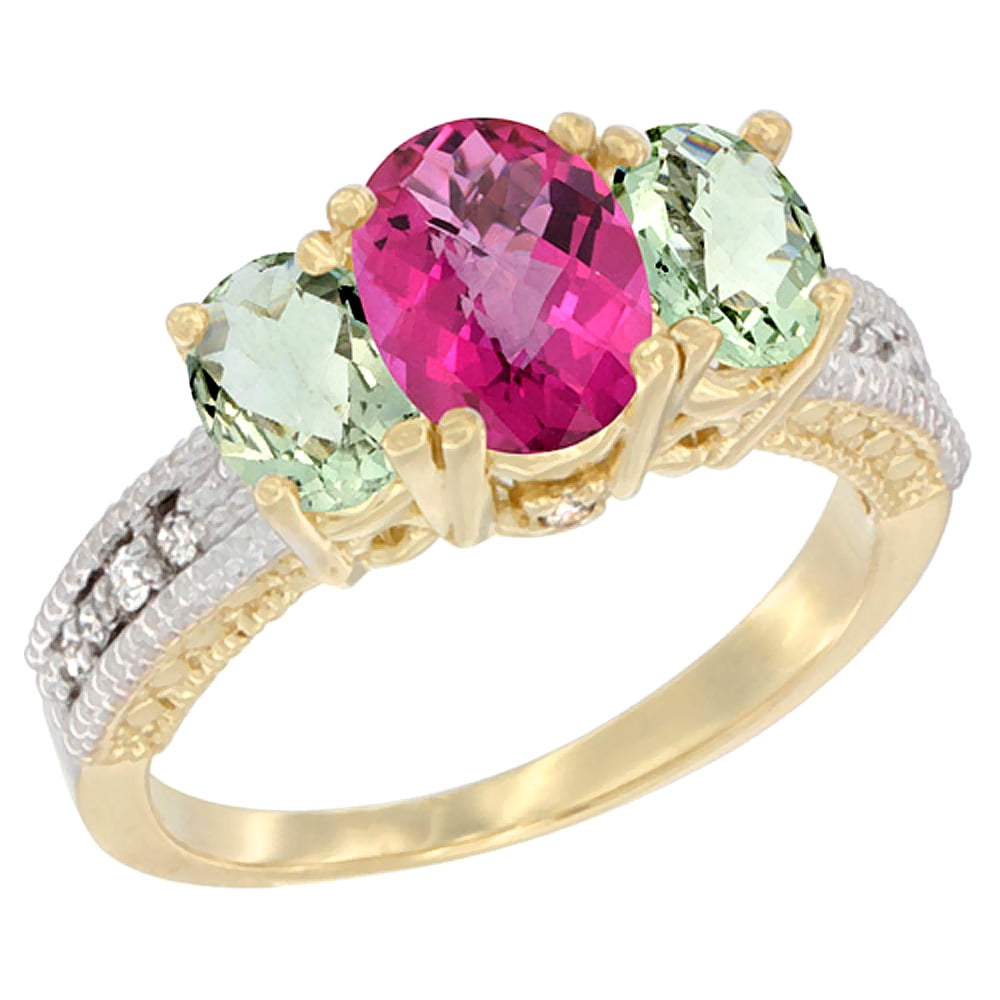 10K Yellow Gold Diamond Natural Pink Topaz Ring Oval 3-stone with Green Amethyst, sizes 5 10 by WorldJewels