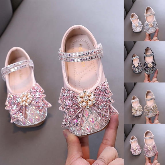 SGFCWSX Girls Dress Shoes Kids Rhinestone Pearl Bow Ankle Strap Sparkly Wedding Party Flower Girl Shoes Pink Size 11 Little Kids