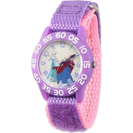 Disney Frozen Elsa and Anna Girls' Clear Purple Time Teacher Watch, Purple Hook and Loop Nylon Strap with Pink Backing