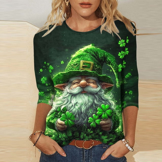 T-Shirt à Col Rond Imprimé de la Saint-Patrick pour Femmes, Manches Trois Quarts 3/4, Coupe Ample