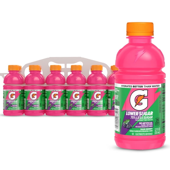 Gatorade Lower Sugar, No Artificials Rain Berry Flavored Electrolyte Sports Drink, 12 fl oz Bottle, (12 pack), 75% Less Sugar, Hydration