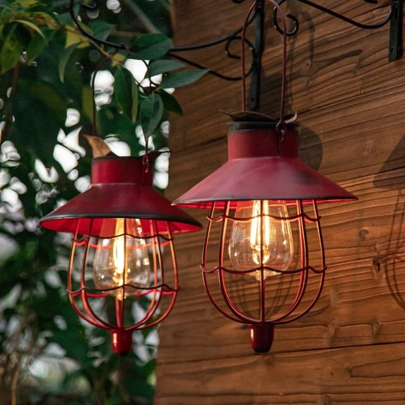 YAKii 2 Pack Solar Lantern Hanging Waterproof Outdoor Metal Solar Lamp with Warm White Light Decorate for Yard Garden Pathway Patio Porch Decor (Red)