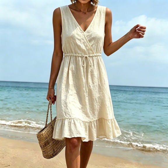 Odbmxy Womens Mini Dress V-Neck Cotton Summer Ruffled Sleeveless Tank Sundresses for Women Knee Length Beach