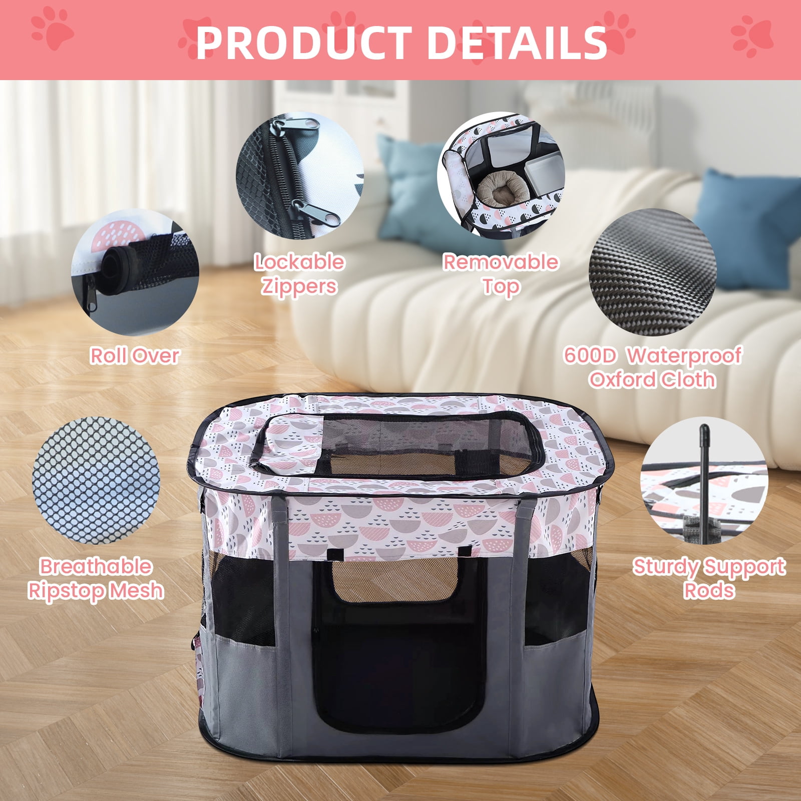 Luxvie Extra Large Pet Playpen, Foldable Dog Cat Playpens Cat Cage Exercise Kennel Tent, Dog Kennel With Removable Shade Cover, Dog Crate Indoor Outdoor Travel Camping Use, Gray