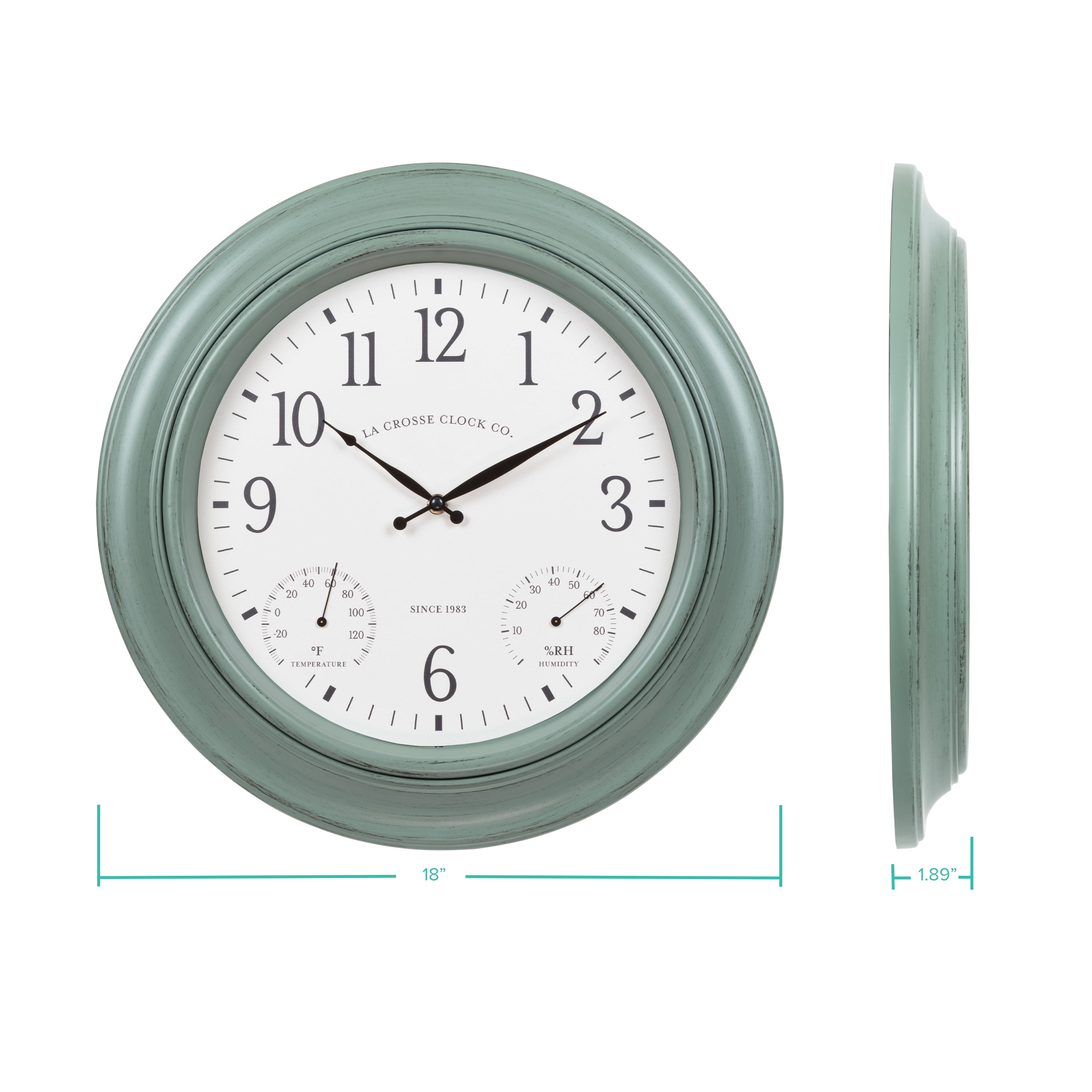 La Crosse Clock 18 inch Outdoor Sage Green Quartz Analog Wall Clock with Temperature and Humidity, 433-3846