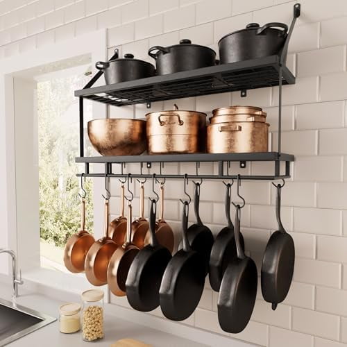 30-Inch Kitchen Pot Rack - Mounted Hanging Rack for Kitchen Storage and Organization - Matte Black 2-Tier Wall Shelf with Guard Rail for Pots and Pans Organizer with 12 Hooks - KUR215S75B-BK