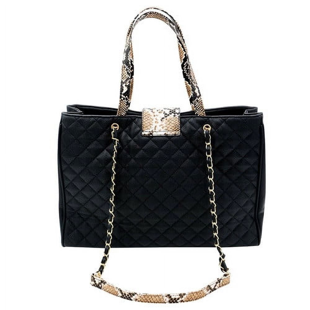 Bhumane Laptop Tote Shoulder Bags (up to 15.6 inch) Water Resistant Quilted Handbag Large Capacity with Padded Compartment Business Work Office Compatible with MacBook & Notebook (Black w tan snake)