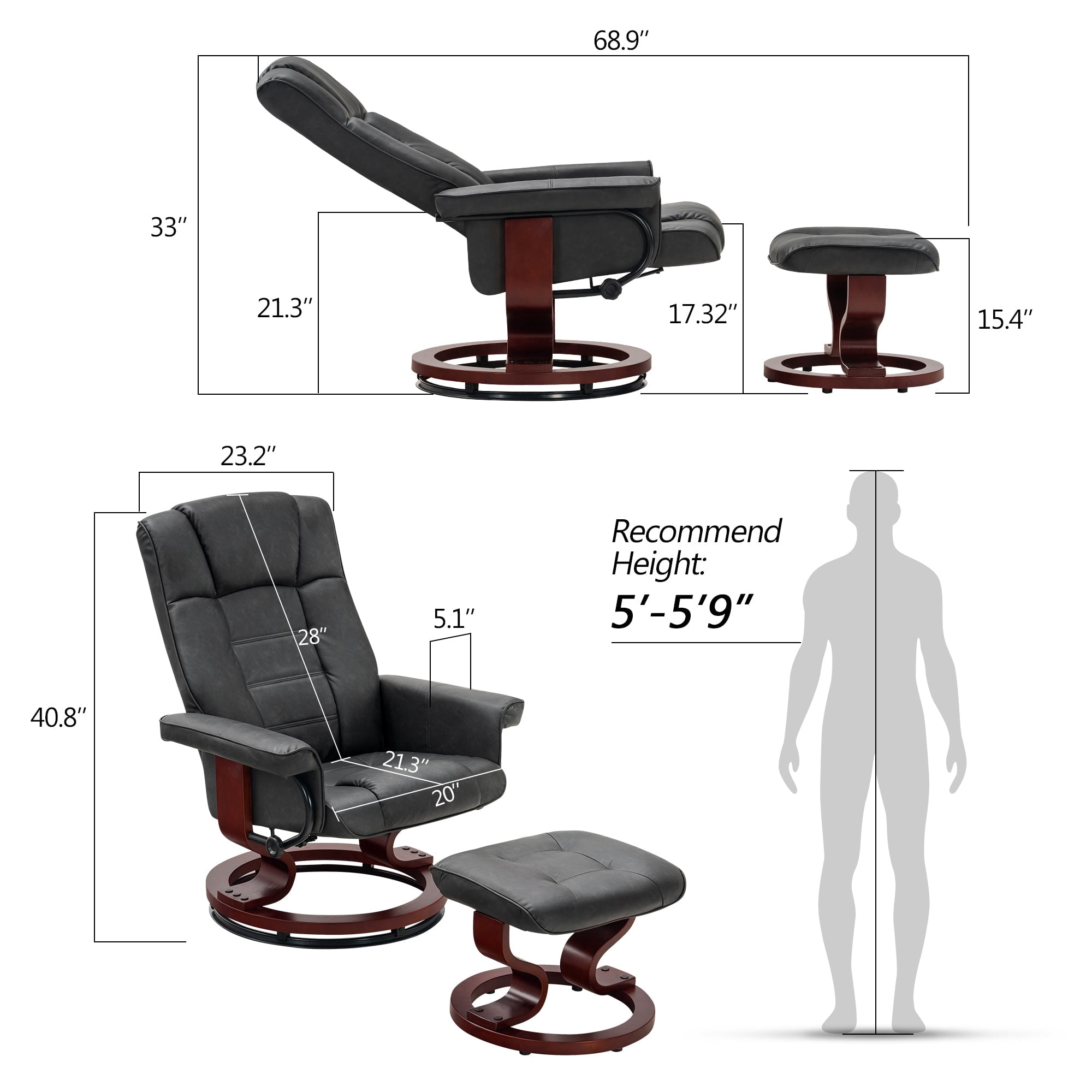 MCombo Swivel Recliner Chair with Wood Base and Ottoman, Faux Leather