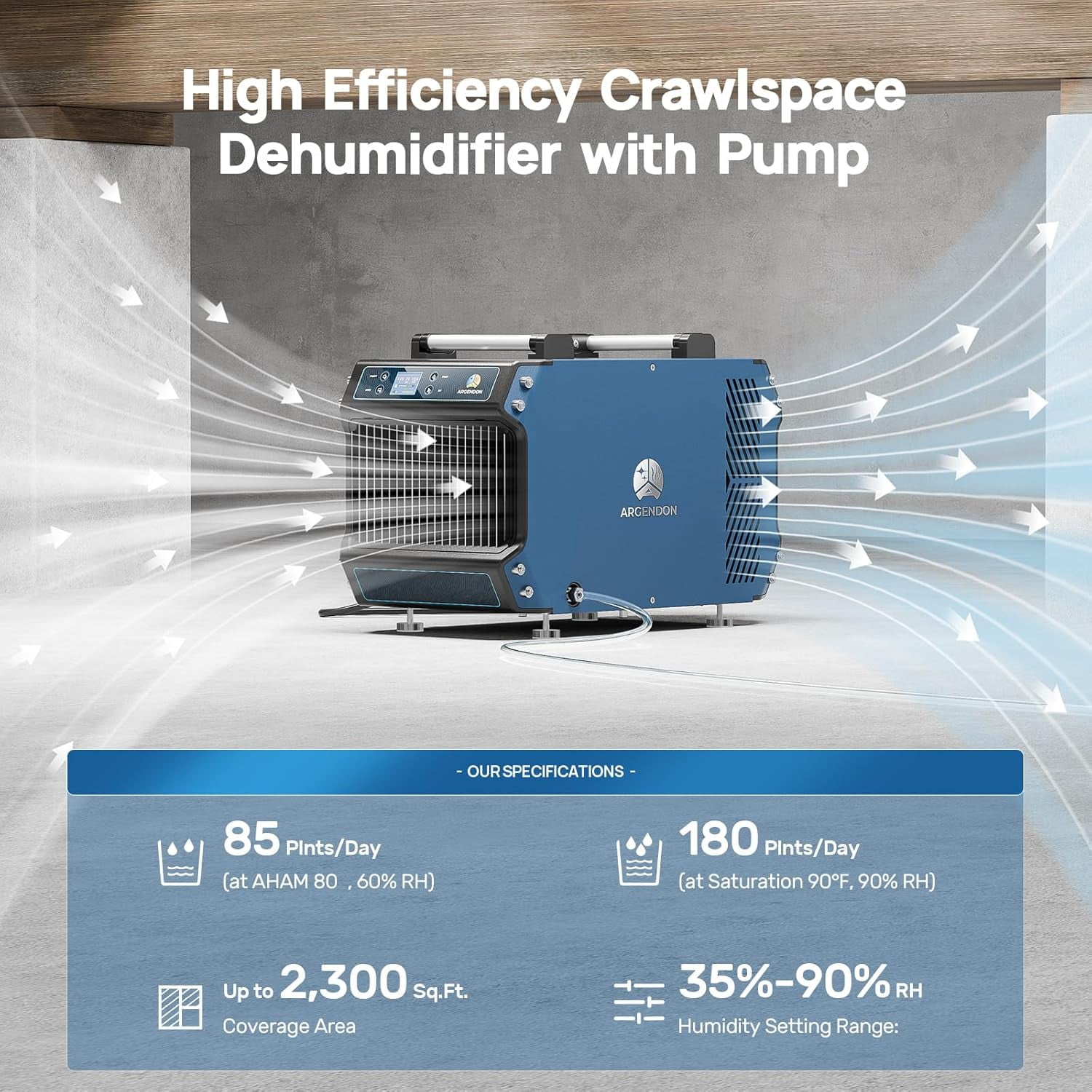 ARGENDON 180 Pints Crawlspace Dehumidifiers with Pump and Drain Hose,Commercial Dehumidifier for Basement, Industrial Large Spaces, Basement, Job Sites, cETL, Up to 2,300 sq. ft.5-Year Limited Warran