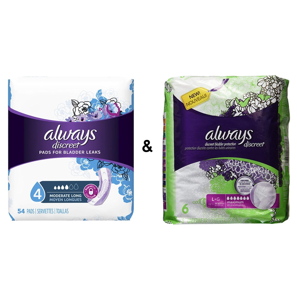 Discreet, Incontinence Pads, Moderate, Long Length, 54 Count and Always
