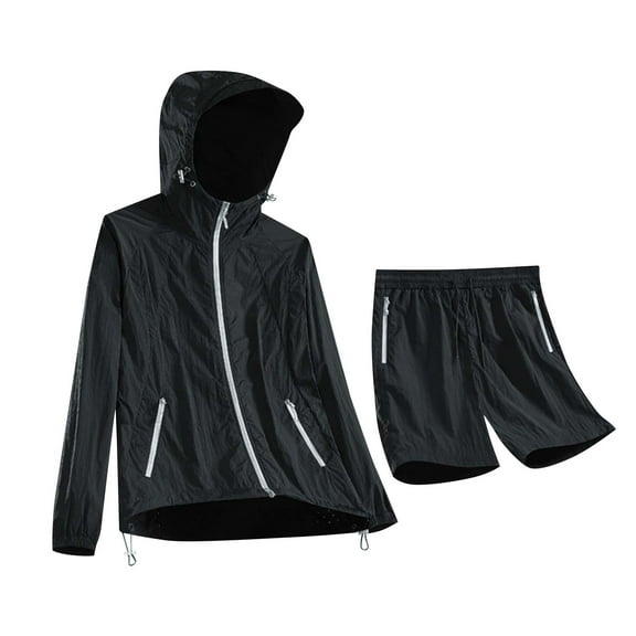Men's Outdoor Sun Suit Sun Protection Full Zip Long Sleeve Hooded Jacket and Shorts 2 Piece Set