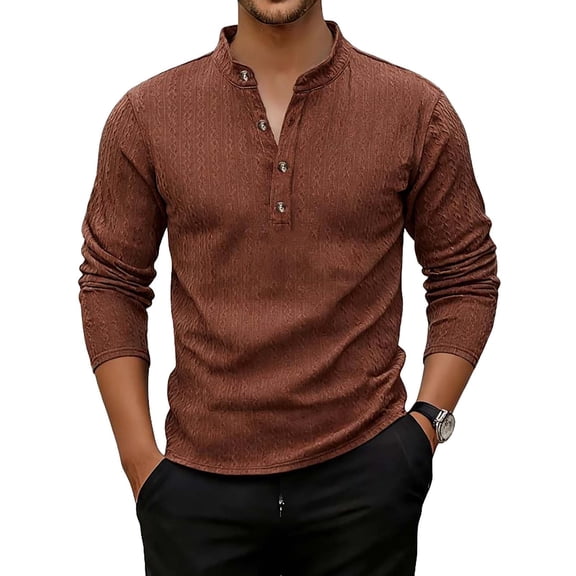 LEKWK Mens Henley Shirts Long Sleeve Cable Knit Texture Pullover Sweater Stand Collar Casual Shirts Warm Soft Autumn Winter Daily Fashion Soft Top