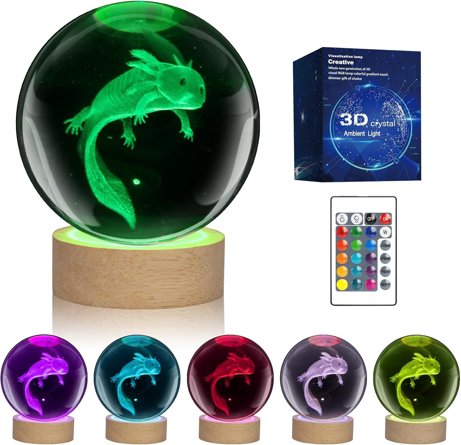 Axolotl 3D Crystal Ball Night Light with 16 Color LED Wooden Base, Upgraded 3.15 Inch Axolotl Glass Ball Lamp with Remote Control Cool Bedroom Decor Gifts for Kids Girls Boys Fans