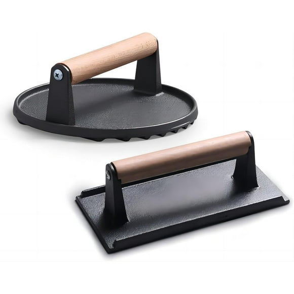 Round & Rectangle Burger Press, Heavy-Duty Cast Iron Smash Grill Press with Wood Handle, 7.08" Round & 8.2” X 4.3” Rectangle