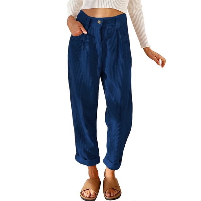 Gibobby Pantalones deportivos para mujer invierno Pantalones de pierna recta recortados con bolsillos de pana para mujer Pantalones casuales elegantes(Azul,M)