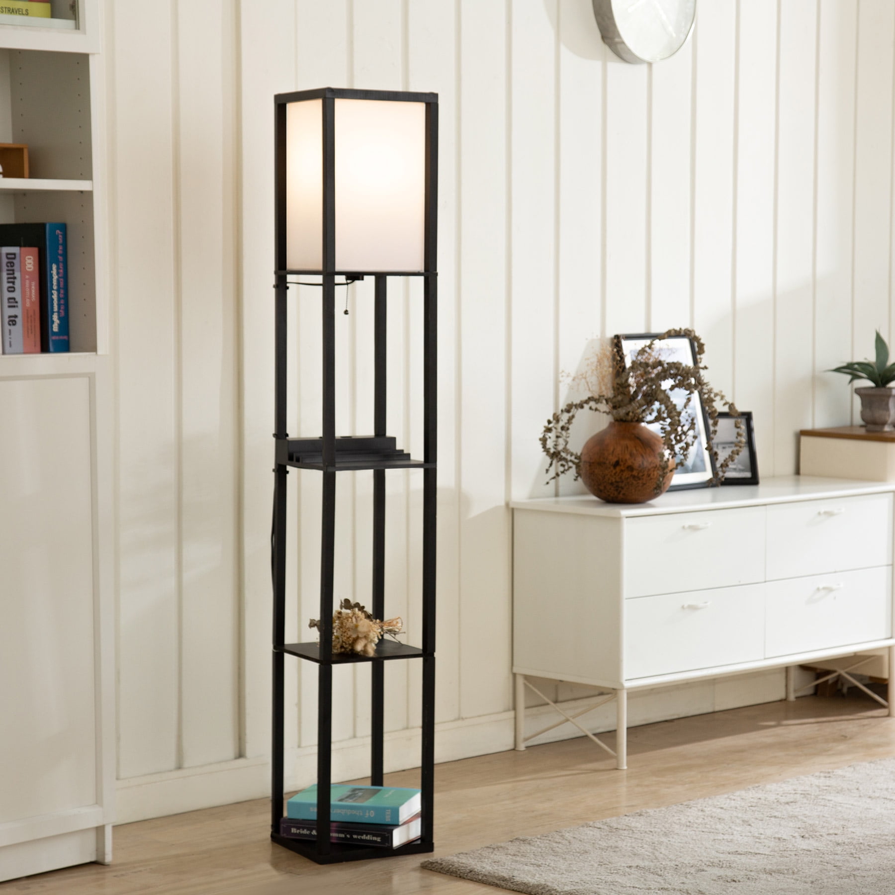 Bestco Floor Lamp with Storage Shelves USB Port & Power Socket 63'' Standing Lamp, Black