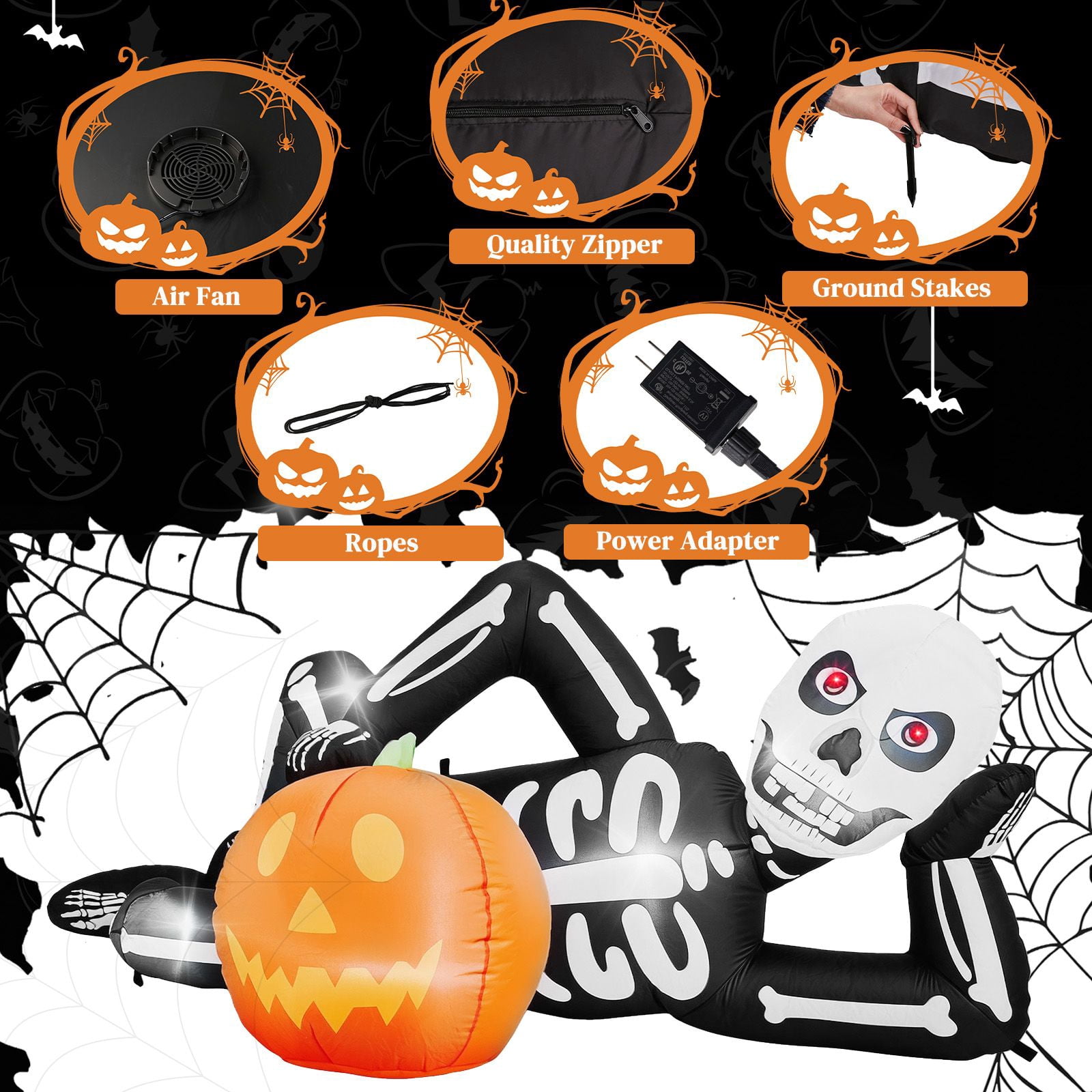 7FT Inflatable Lying Skeleton Halloween Decor with Built-in LED Lights Waterproof Polyester Blow Up Ornament for Lawn Yard Porch