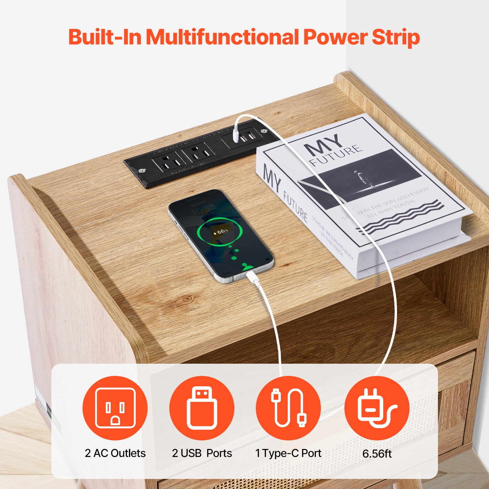 KFFKFF Wicker Nightstand, Chic Bedside Stand with Drawer and Open Shelf, Wooden End Table with Sturdy Wood Legs, Wicker Accent Table with Power Outlet, Suitable for Bedroom, Office & Lounge