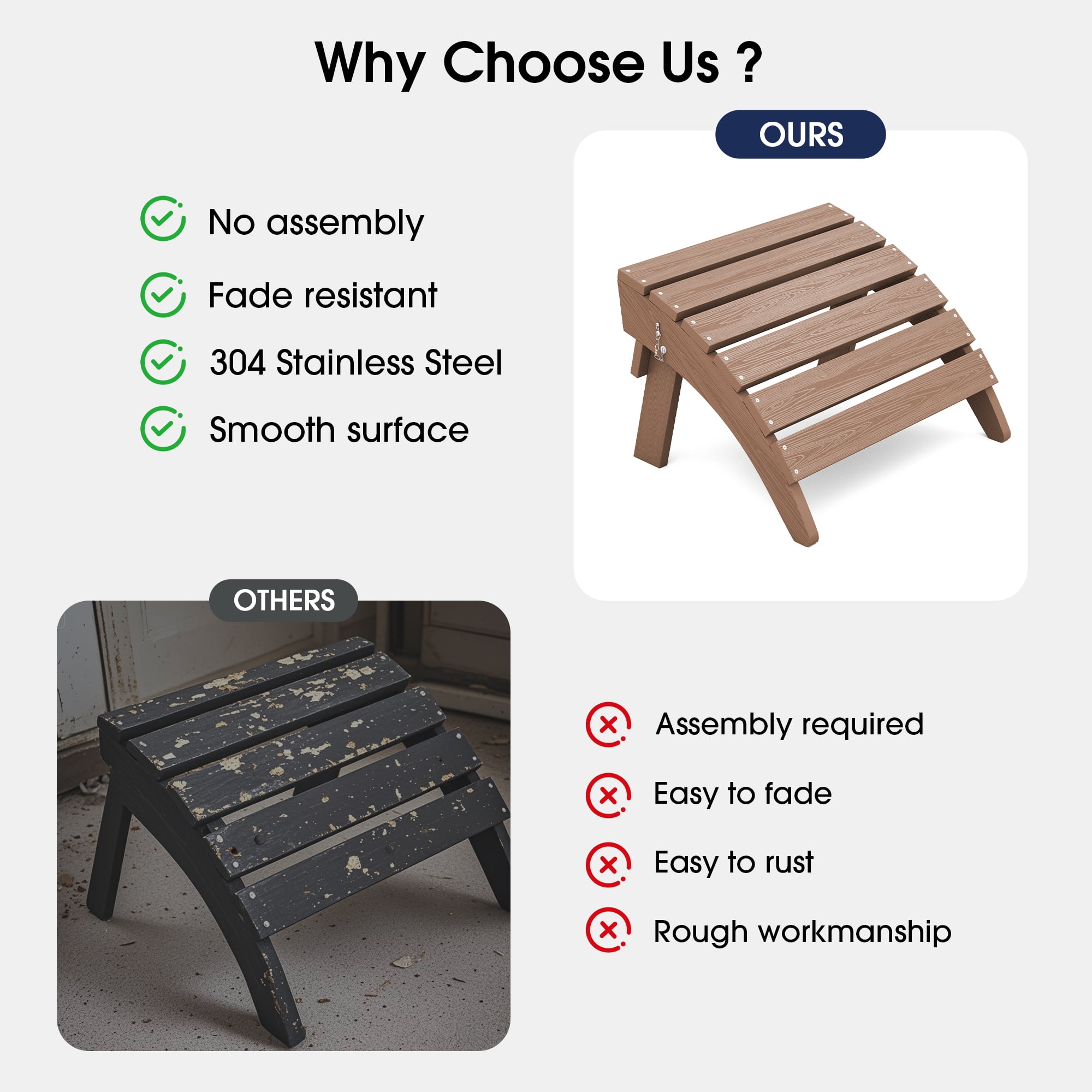 KINGYES Folding Adirondack Ottoman Set of 2, HDPE Outdoor Foot Rest, Plastic Adirondack Footstool for Adirondack Chairs, Brown