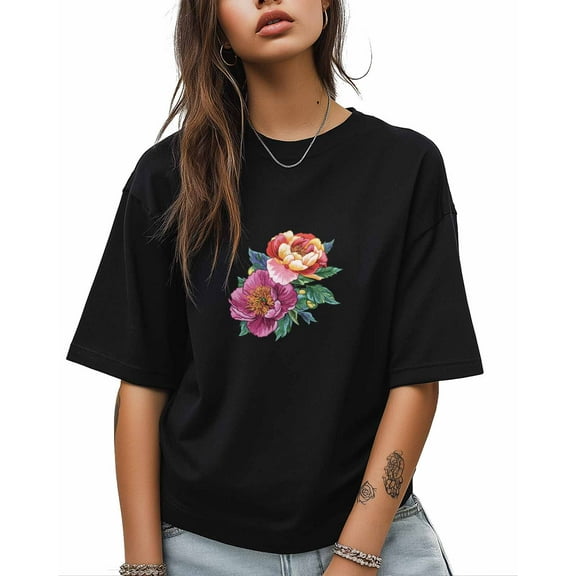 T Shirts for Women Short Sleeve Cotton Crewneck T-Shirt, Embroidered Peony Flowers Plants Tee Tops Casual Basic T-Shirts, XS-5XL Black M
