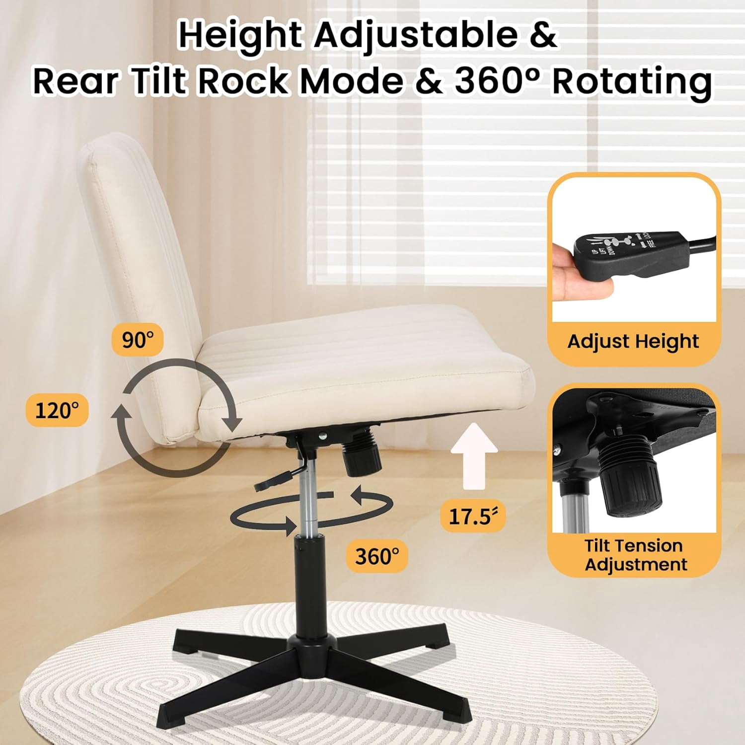 XF XINFENG Criss Cross Chair with back Armless Home/Office Chair No Wheels Modern Swivel Height Adjustable Ergonomic Desk Chair with Wide Seat Computer Task Vanity,Beige