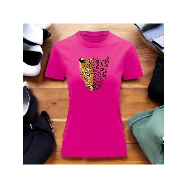 Playera Blusa Con Estampado De Jaguar Animal Print Ropa Para Mujer Color Fucsia Talla Chica Marca Emil SaEs