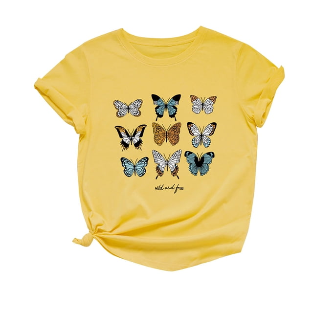 Pompotops T-Shirt Mode Décontractée pour Femmes, Imprimé Papillon, Col Rond