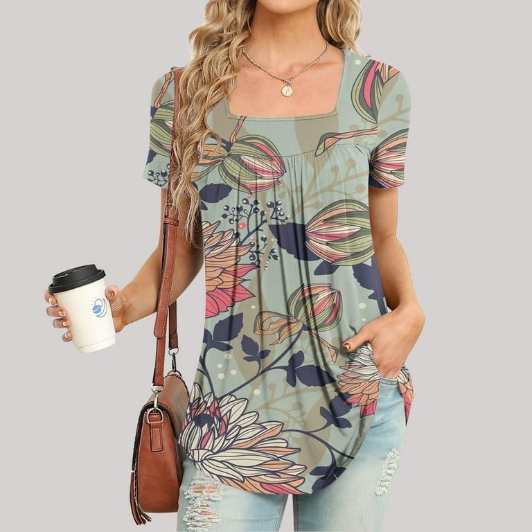 Tunic Dress for Women - Tunic Tops To Wear with Leggings, Women's Tops  Vintage Casual Loose Tunics Vneck Short Sleeve Pullover, Womens Blouses And
