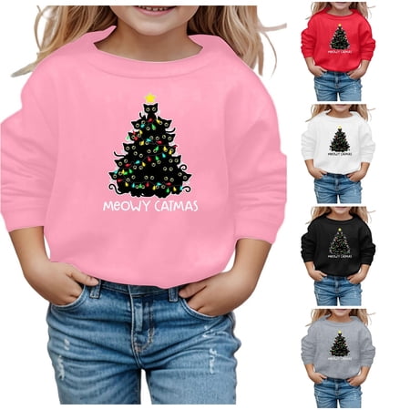 Byoo Toddler Girl s Christmas Sweatshirt Long Sleeve Cat Tree Graphic Pullover Holiday Casual Crewneck Top Pink