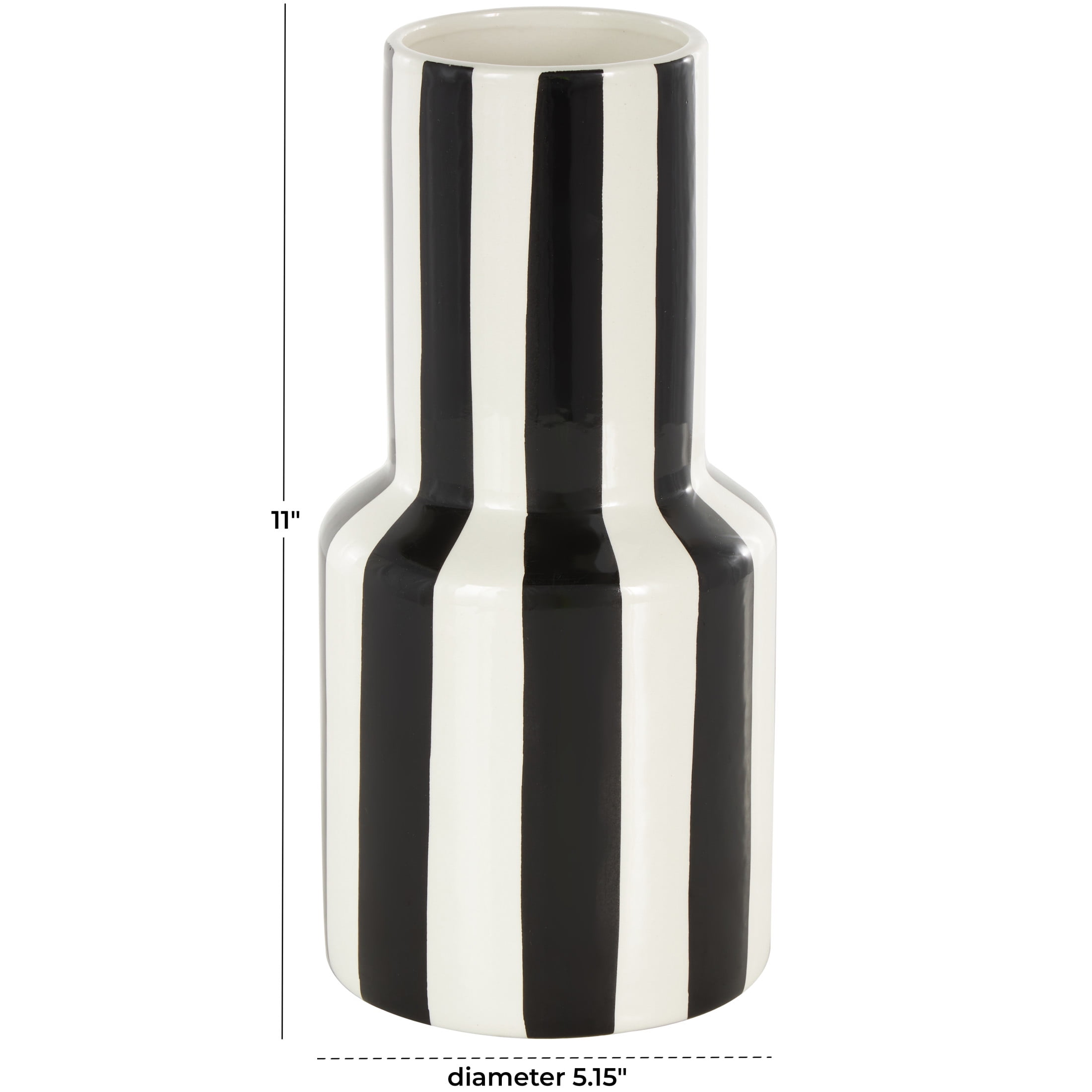 DecMode 11" Round Black Ceramic Vase with White Vertical Stripes