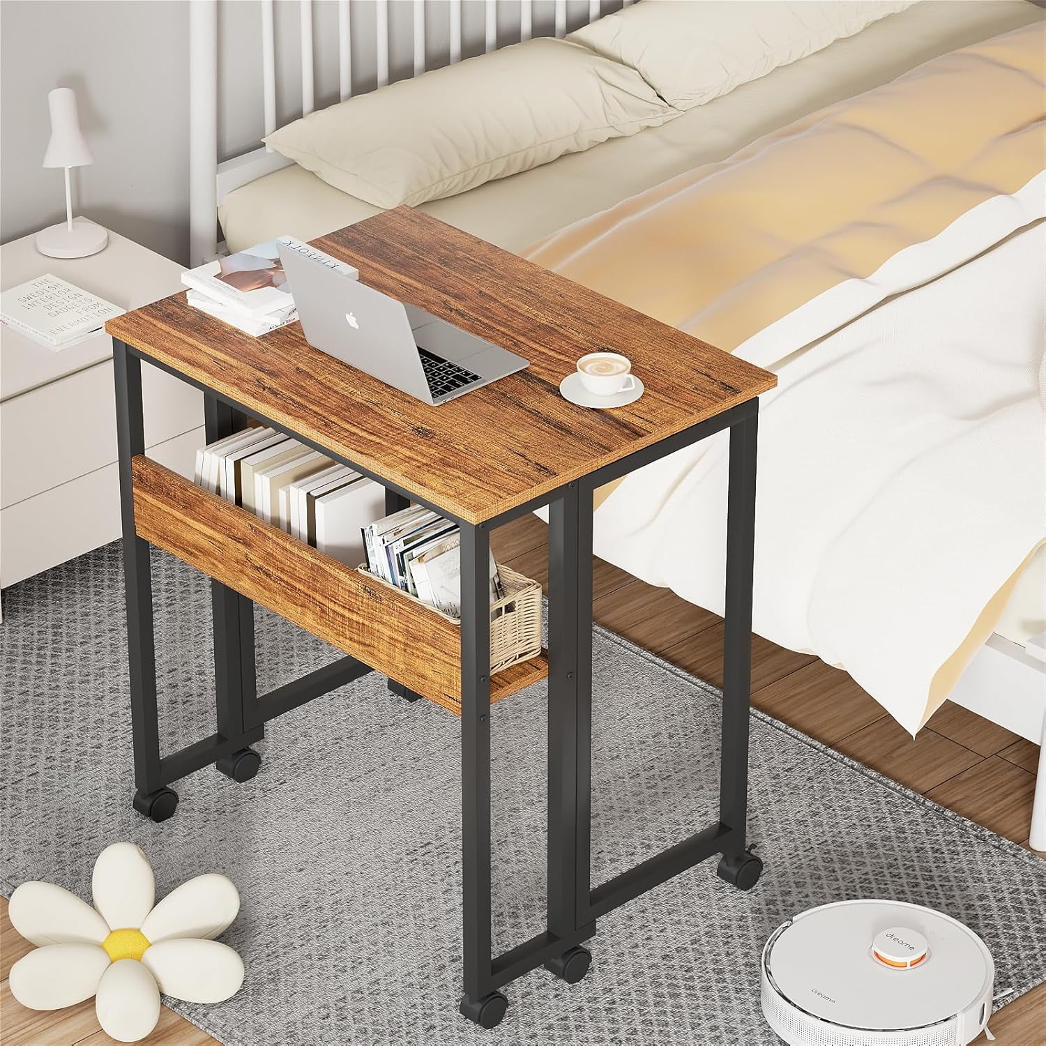 Folding Desk Small Rolling Desk with Storage Shelf, 24.8 inch Foldable Computer Desk with Wheels for Small Space, Easy Assembly,Walnut