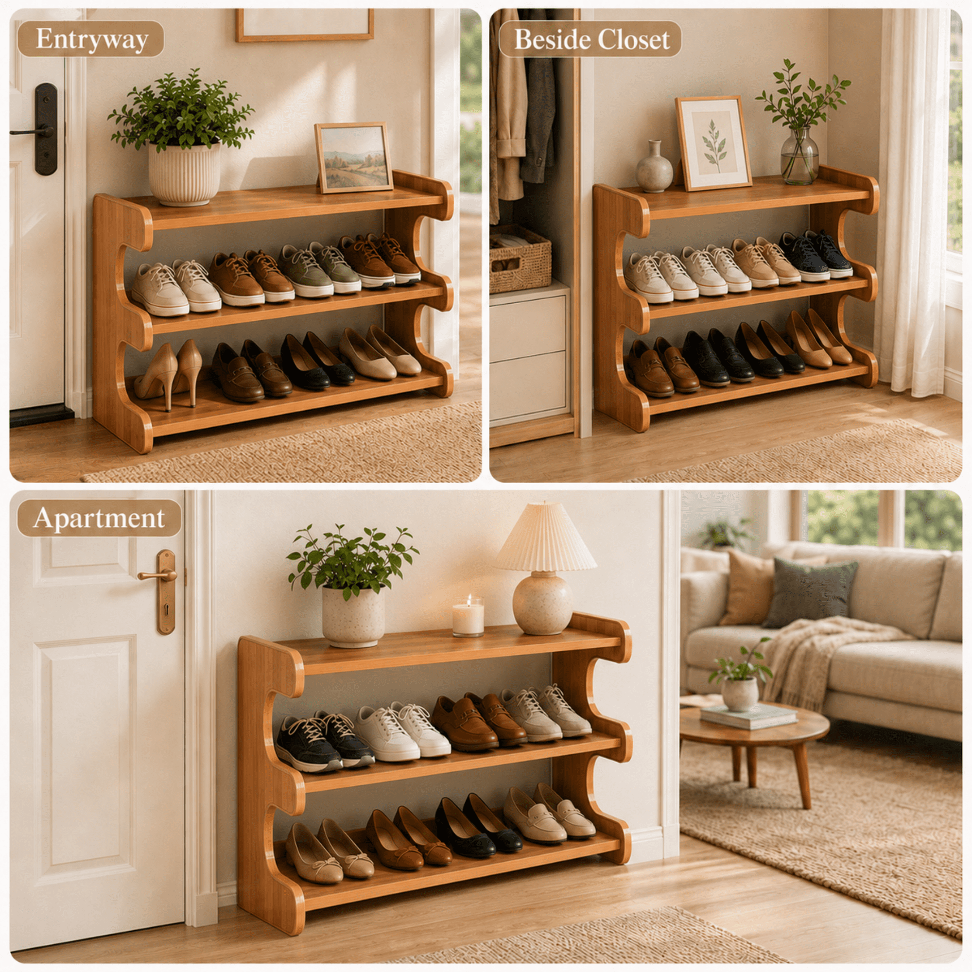 MEHOOM 3 Tier Bamboo Shoe Rack Organizer for Closet, Entryway, Dorm, Garage, Sturdy Shoe Storage Shelf, 28"x11"x14" (Natural)