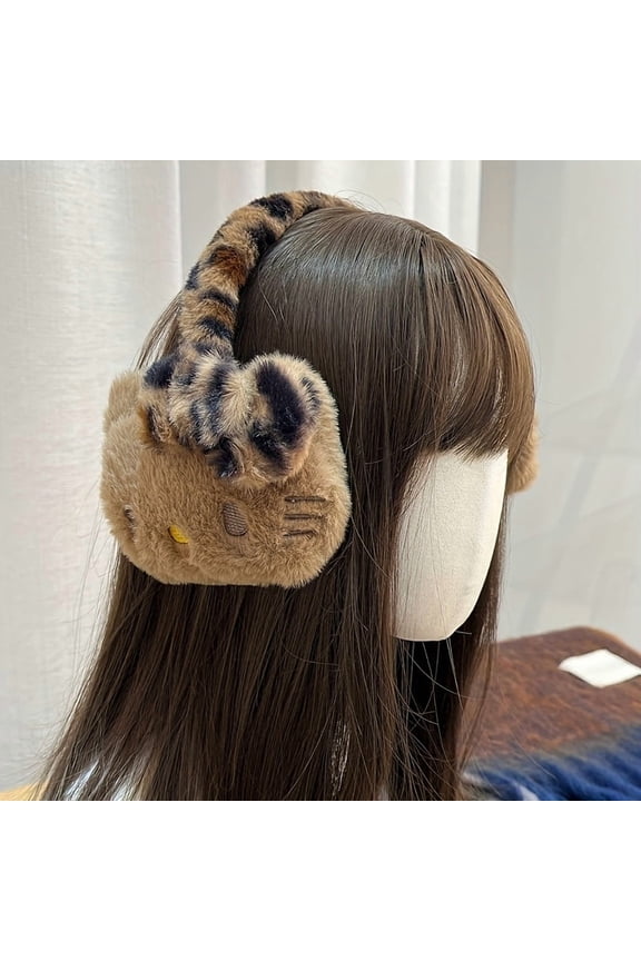 Y2K Black Hello Kitty Leopard Print Plush Warm Earmuffs, Cute Cat Riding Earmuffs for Frost Protection, Suitable for Holiday Parties and Women's Earmuffs