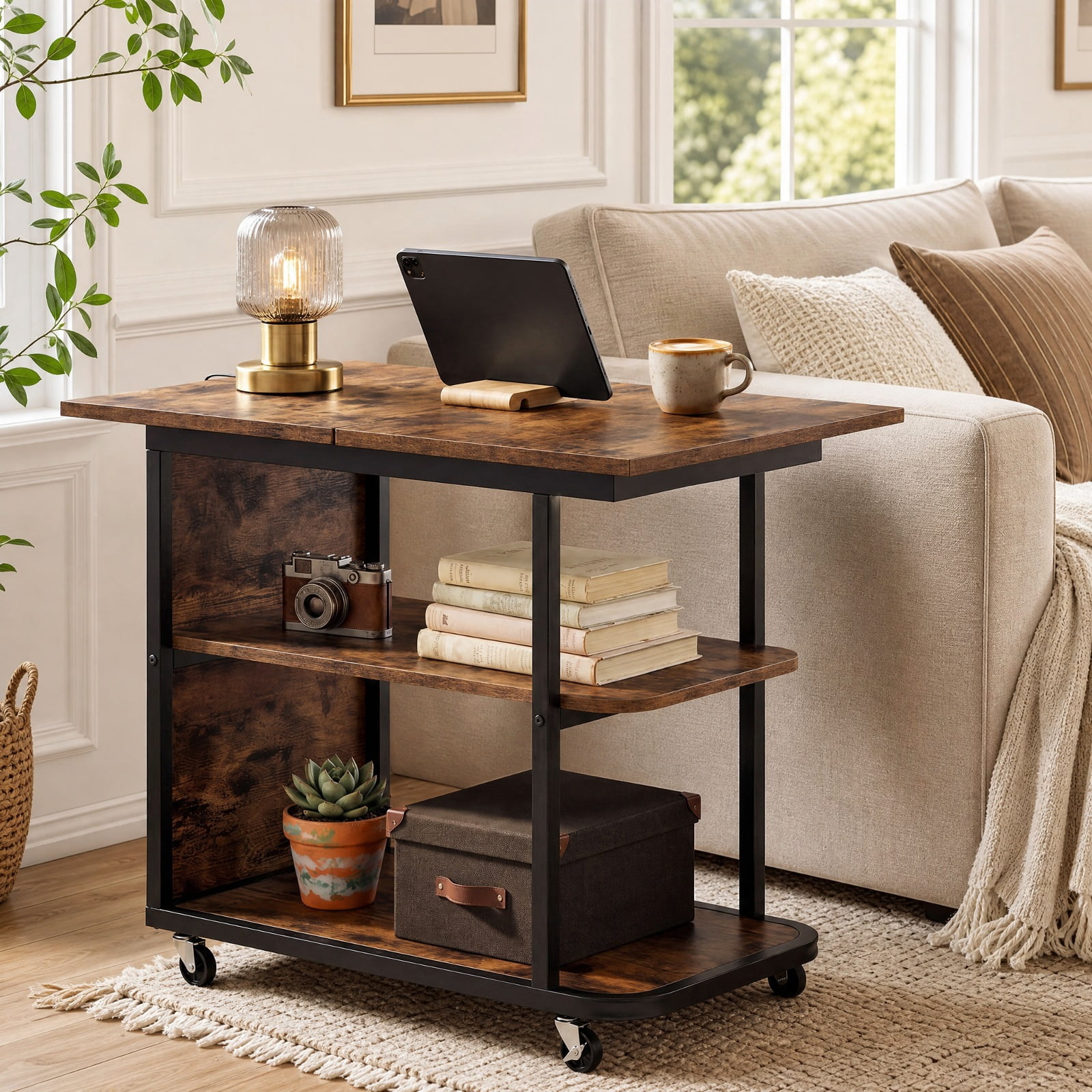 Furnibear Mobile Nightstand with Foldable Swivel Top and 2 Tier Shelf Rolling Bedside Table for Small Spaces Bedroom, Rustic Brown