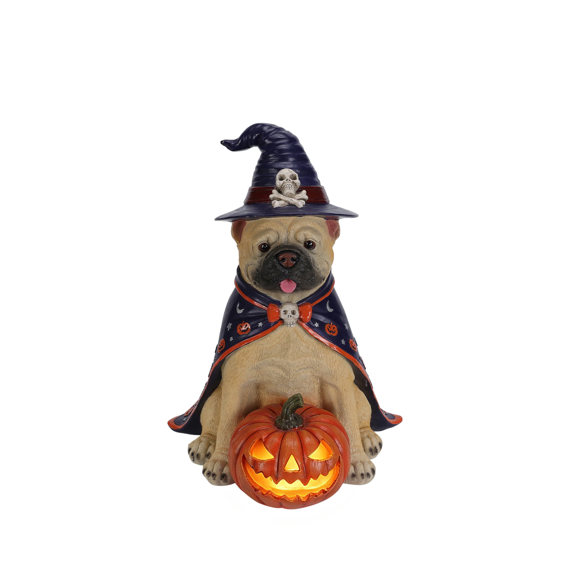 Noble House Halloween Bulldog Witch Puppy Figurine with Pumpkin Lantern, Decorative Statue, Brown