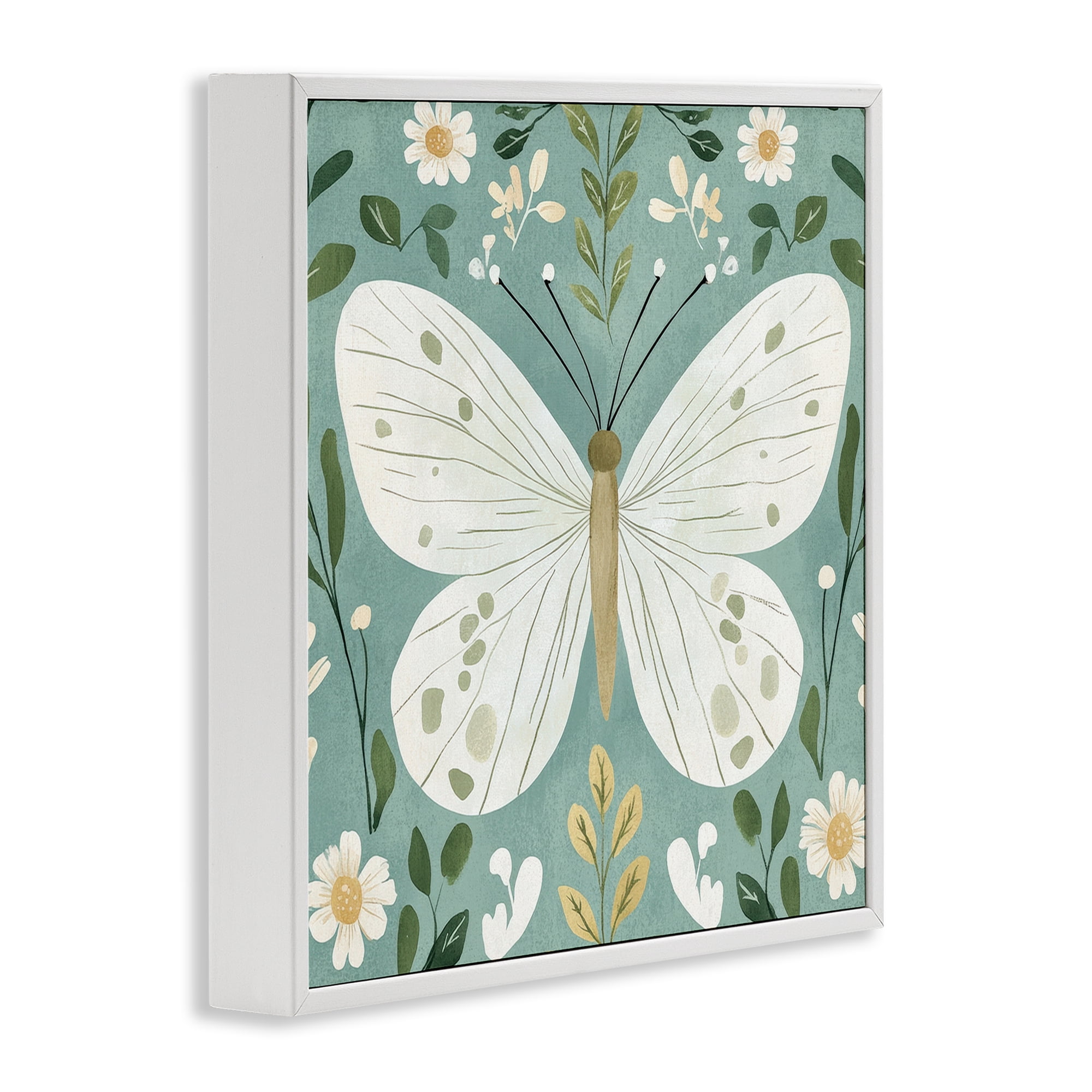 Stupell Industries Teal Butterfly Garden with Daisies White Framed Giclee Art, design by Petal Prints Design