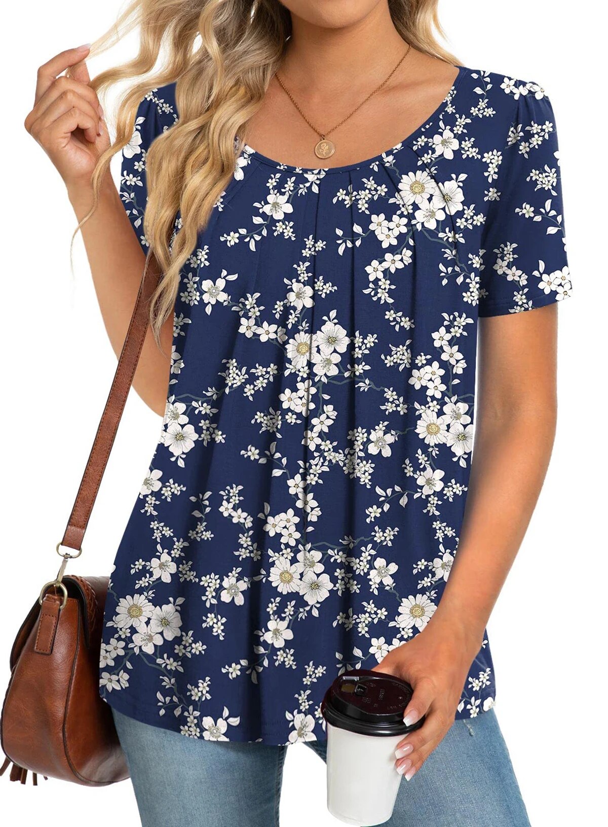 Fantaslook Women's Pleated Short Sleeve Floral Tunic Blouse photo 1