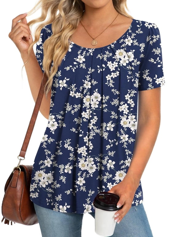 Dressy Blouses for Women Pleated Short Sleeve Tunic Tops Casual Floral Shirts