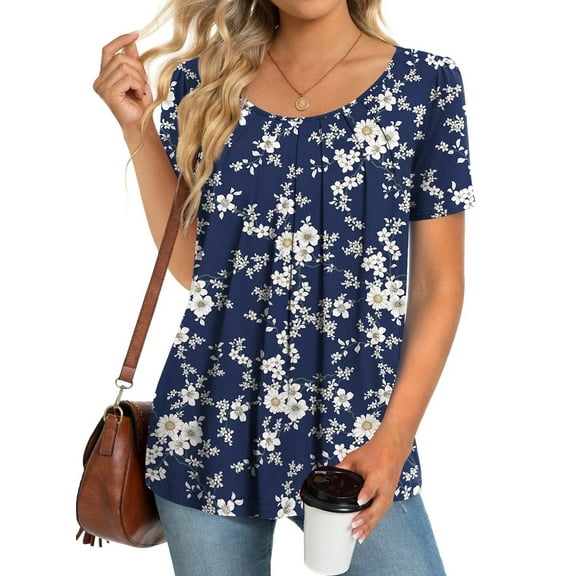 Fantaslook Dressy Blouses for Women Pleated Short Sleeve Tunic Tops Casual Floral Shirts