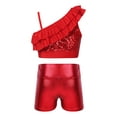 thumbnail image 2 of TTAO Kids Girls Ruffle One Shoulder Ballet Jazz Hip Hop Modern Dance Crop Top with Metallic Shorts Set Red 12, 2 of 7