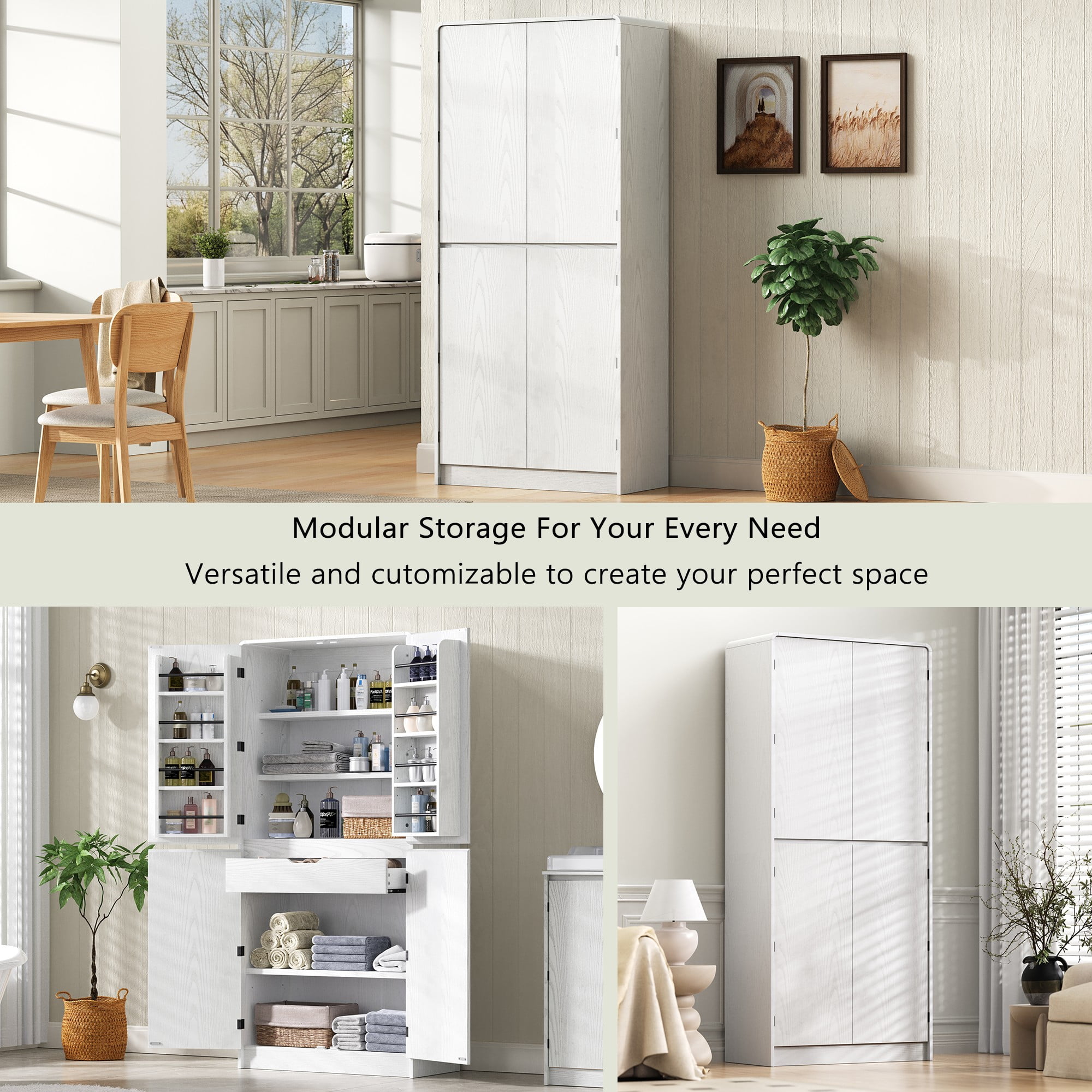 72" Tall Farmhouse Kitchen Pantry Cabinet with 8 Door Shelves, Curved Design Storage Cabinet with 3 Adjustable Shelves, Hidden Drawer, Versatile Cupboard for Kitchen, Dining & Bathroom, White