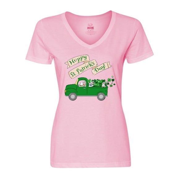 Inktastic Hoppy St. Patrick's Day Green Bunny Truck Women's V-Neck T-Shirt