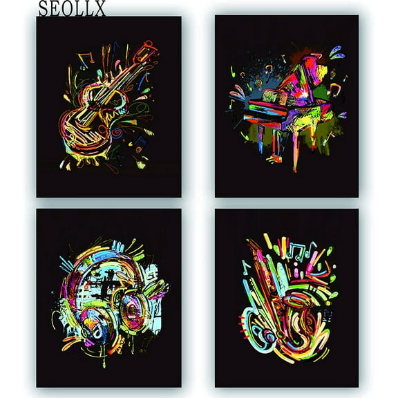 Watercolor Musical Instrument Canvas Art Prints, Headphones Pictures For Wall Decor,4 Sets Music Prints, Piano, Violin, Headphones Musical Note Canvas Posters Room And Home Unframed 8X10inches