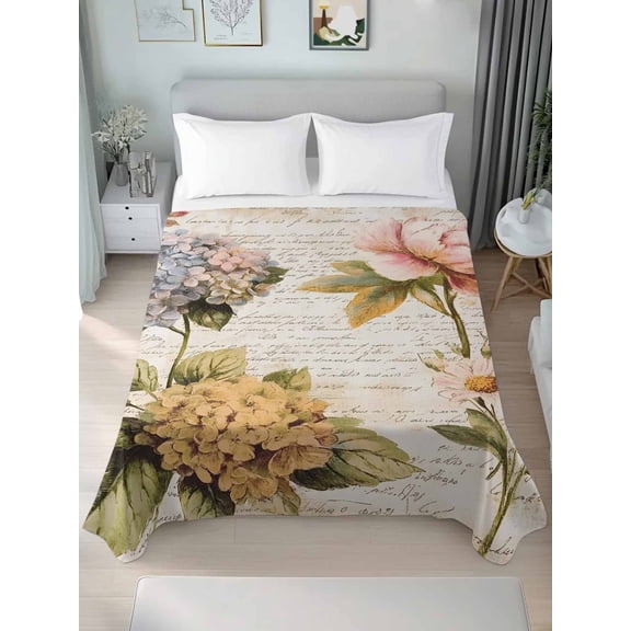Vintage Hydrangea Floral Full Size Flat Sheet, Wrinkleproof & Fadeproof Cooling Flat Bed Sheet Only, Spring Botanical Flowers Breathable Soft Bedding Top Sheets 81 x 96 Inches