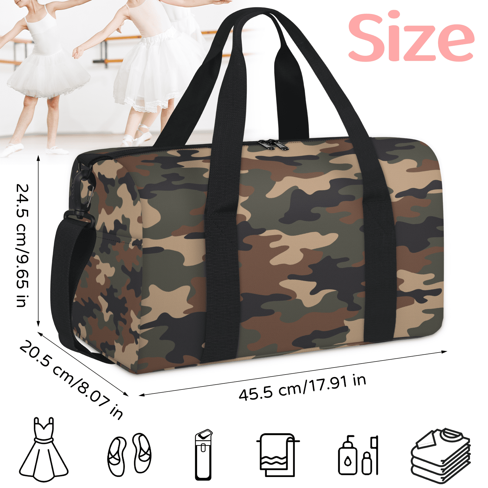 Herdesigns Brown Green Camo Travel Duffle Bag Sports Yoga Weekender Overnight Carry on Workout Bags Lightweight Waterproof Gym Tote Bag for Women
