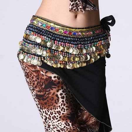 Beaded Chiffon Wrap - Belly Dance Chiffon Skirt Colorful Diamonds Beads Scarf Wrap Belt 3 Rows Golden Coins Black