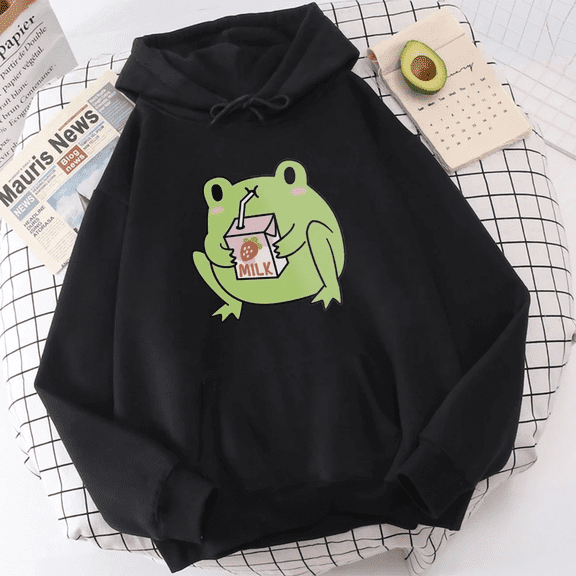 Cute Milk Frog Print Hooded Sweatshirts, Casual Tops, Men Women Daily Hoodies Christmas Clothes (S-3XL)