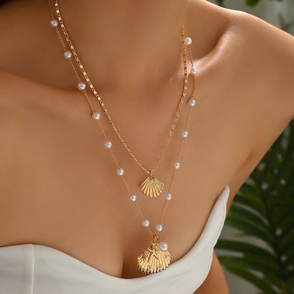 NICKSUN Starfish Necklace Beach Jewelry for Women Imitation Pearl Seashell Necklace Cowrie Shell Beach Necklaces Ocean Summer Starfish Jewelry
